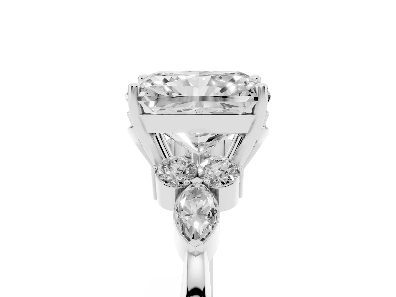 Radiant Cut Brilliant Diamond Solitaire Ring with Pear Side Stones and Four-Prong Setting White gold