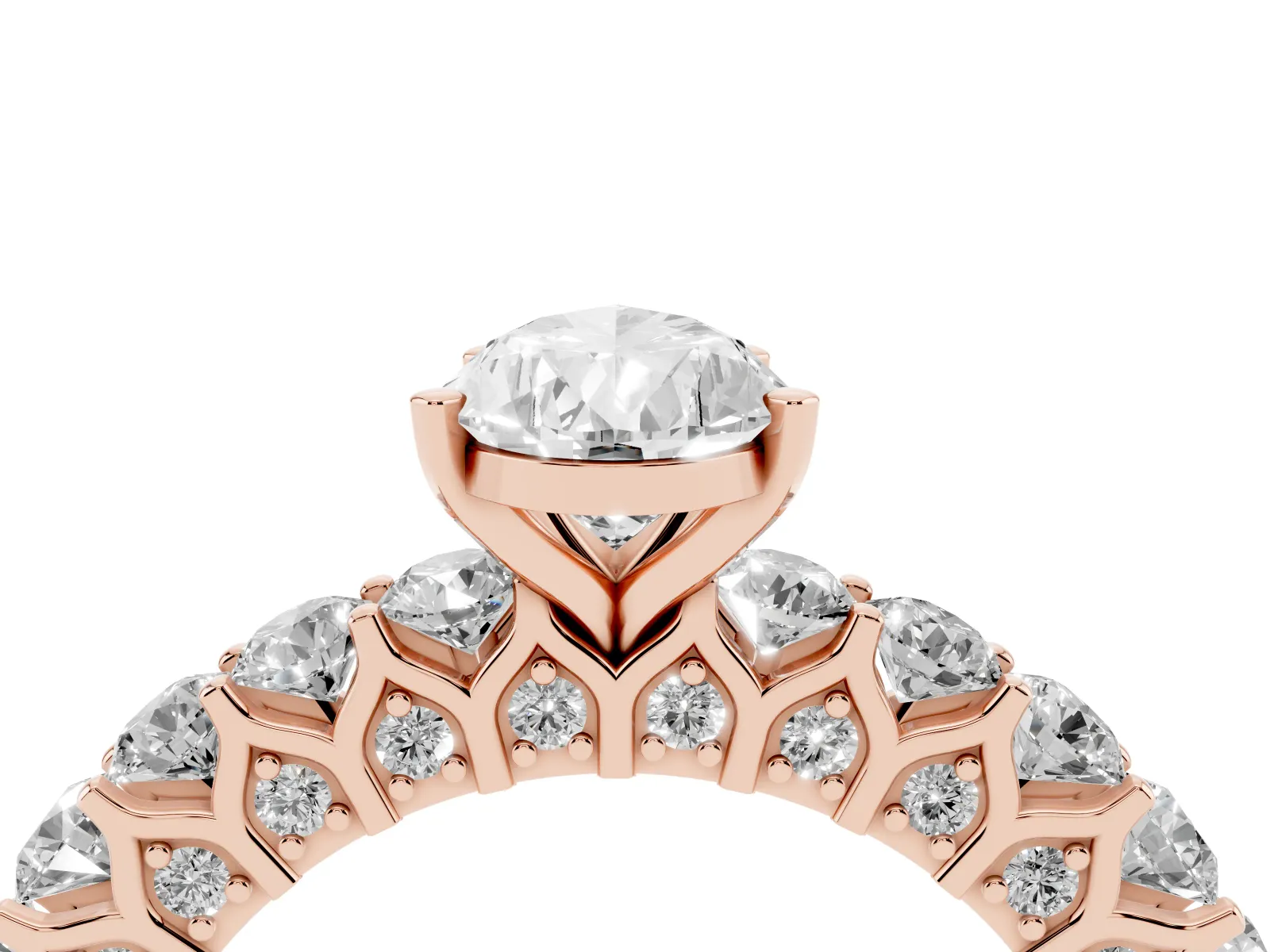 Pear Cut Diamond Solitaire Ring with Shared Prong Pavé Band and Four-Prong Setting Rose gold