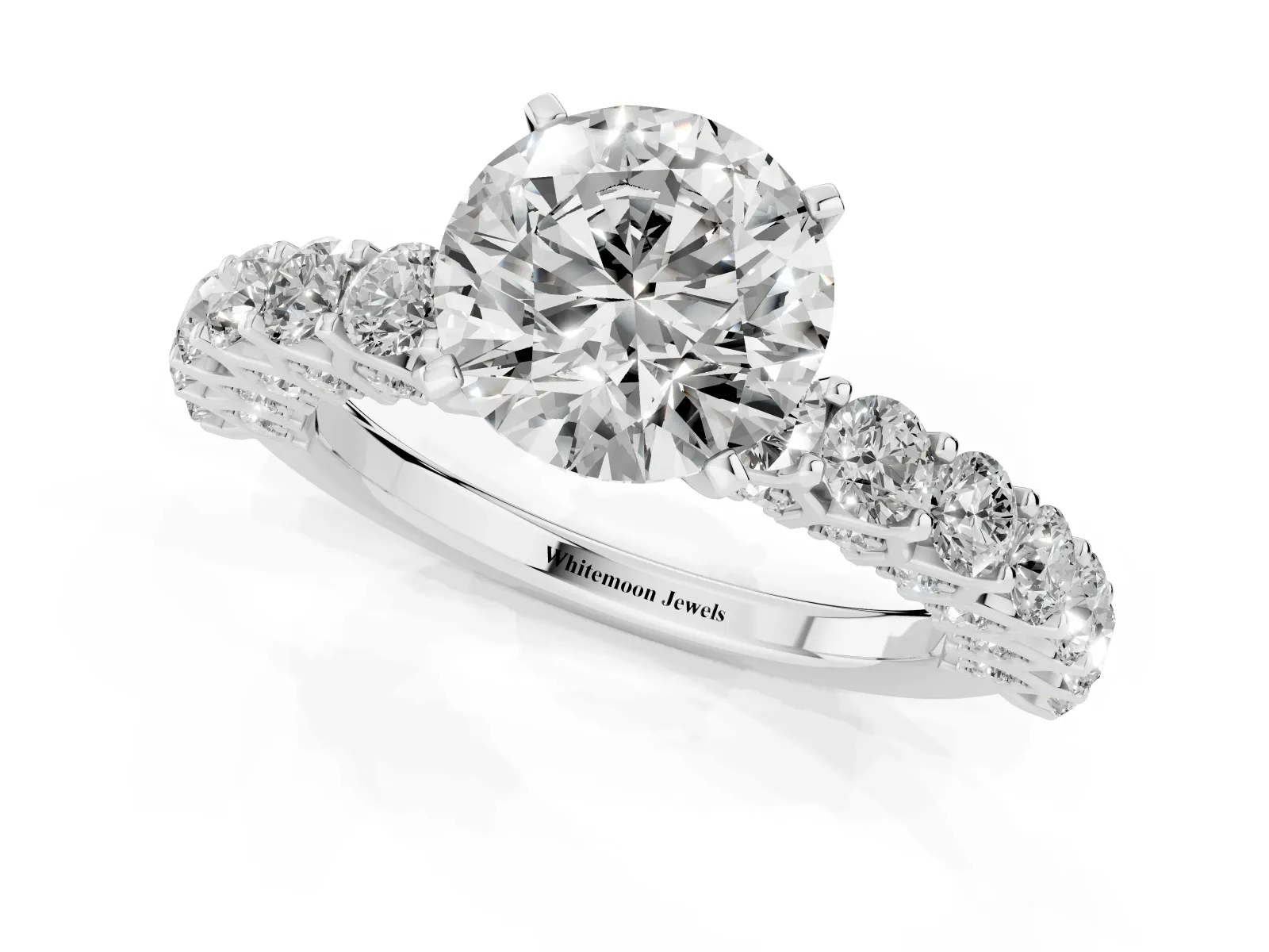 Round Cut Diamond Solitaire Ring with Shared Prong Pavé Band and Four-Prong Setting White gold