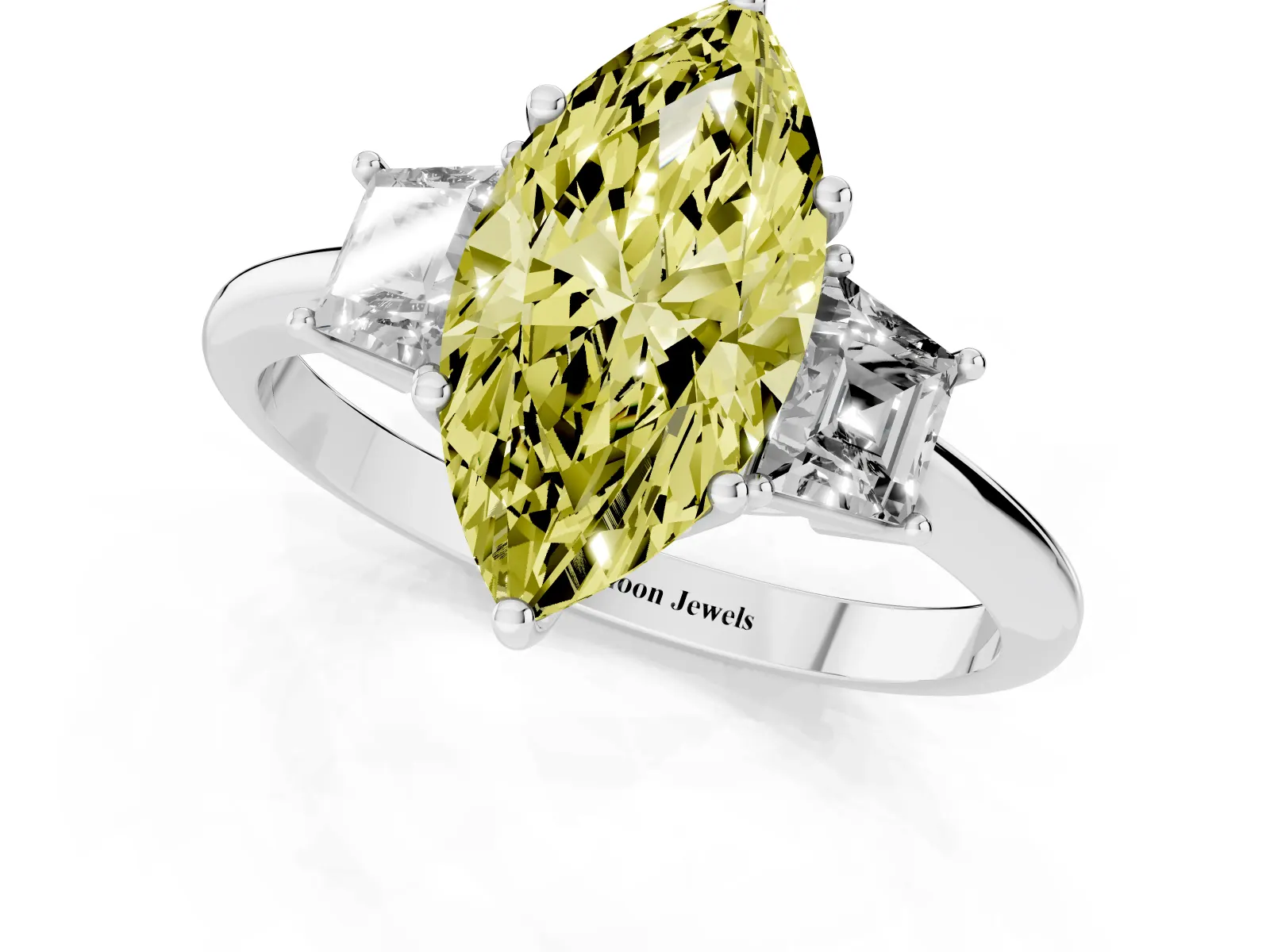 Fancy Yellow Marquise Cut Diamond Three-Stone Ring with Trapezoid Side Stones and Prong Setting Platinum