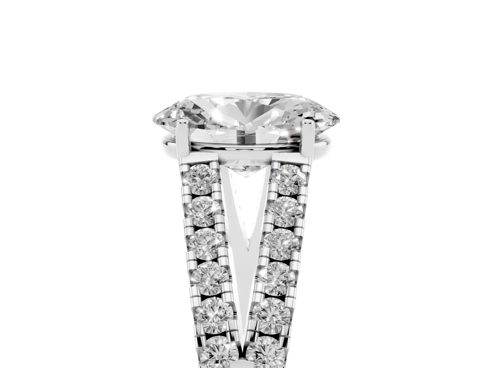 Oval Cut Diamond Split Shank Engagement Ring with Round Pavé and Prong Setting White gold
