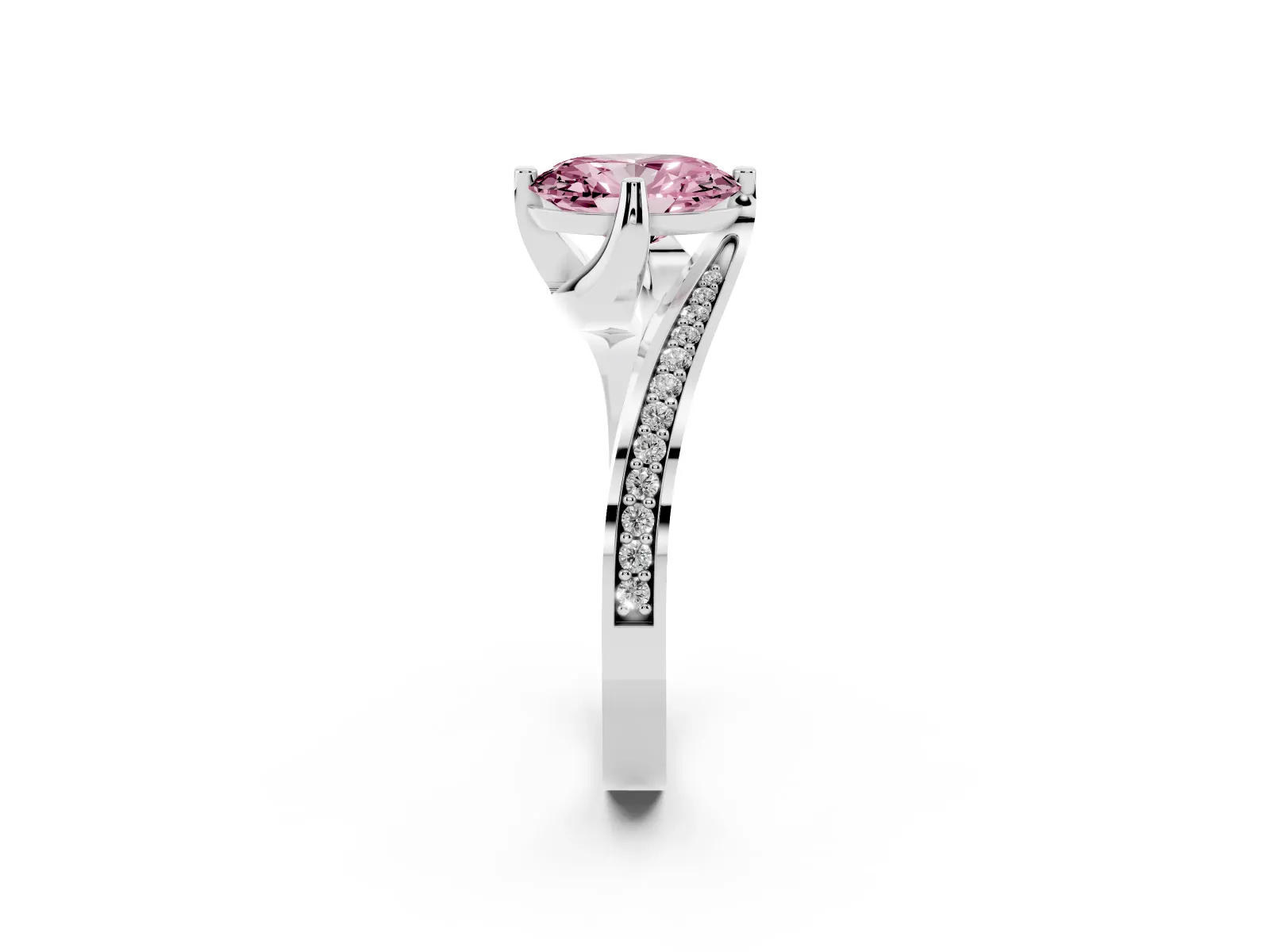 Fancy Pink Oval Cut Solitaire Diamond Twist Band with Pavé Setting and Four-Prong Setting Platinum