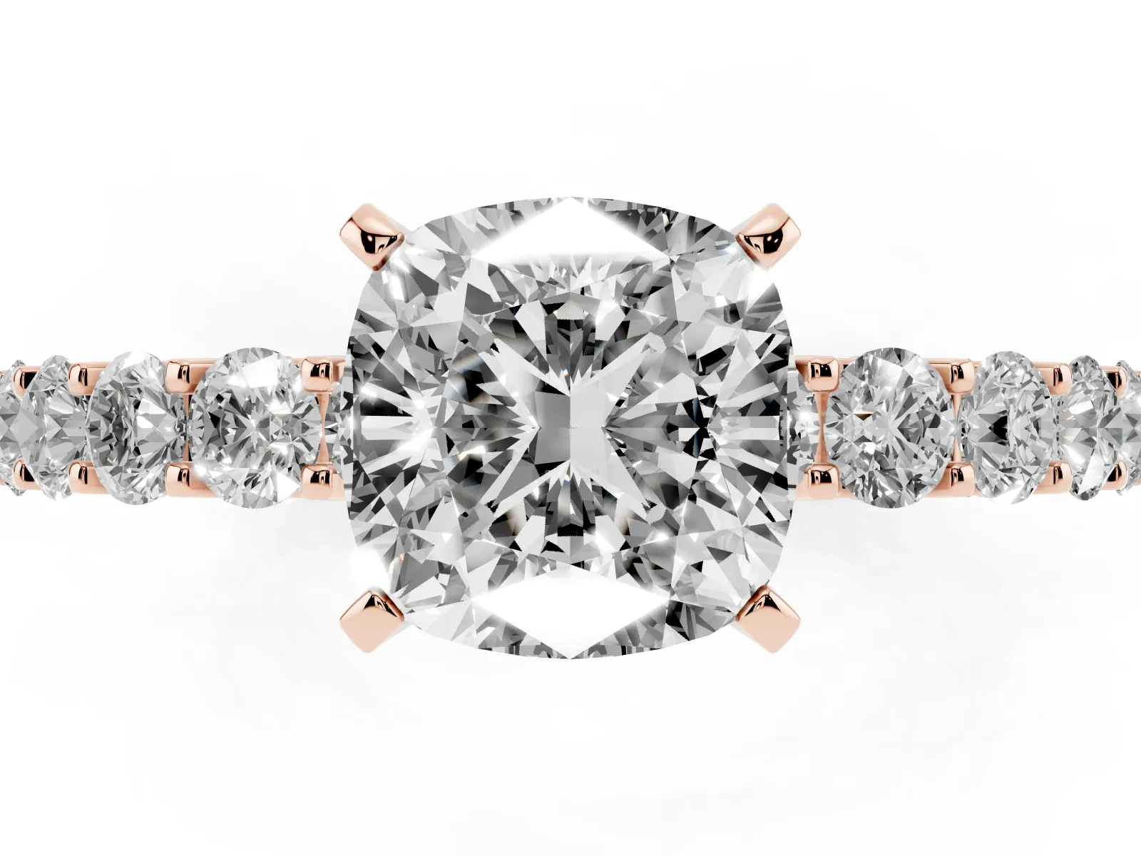 Cushion Cut Diamond Solitaire Ring with Shared Prong Pavé Band and Four-Prong Setting Rose gold