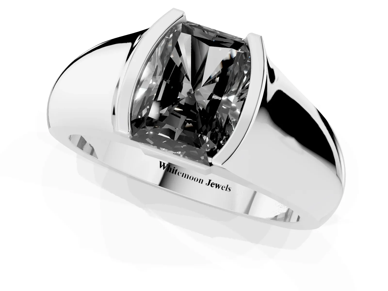 Fancy Black Radiant Cut Solitaire Bezel Set Diamond Ring with Wide Band White gold