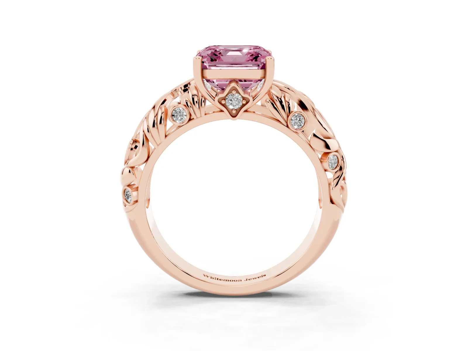 Fancy Pink Asscher Cut Solitaire Diamond Leaf-Inspired Vine Band Ring with Prong Setting Rose gold