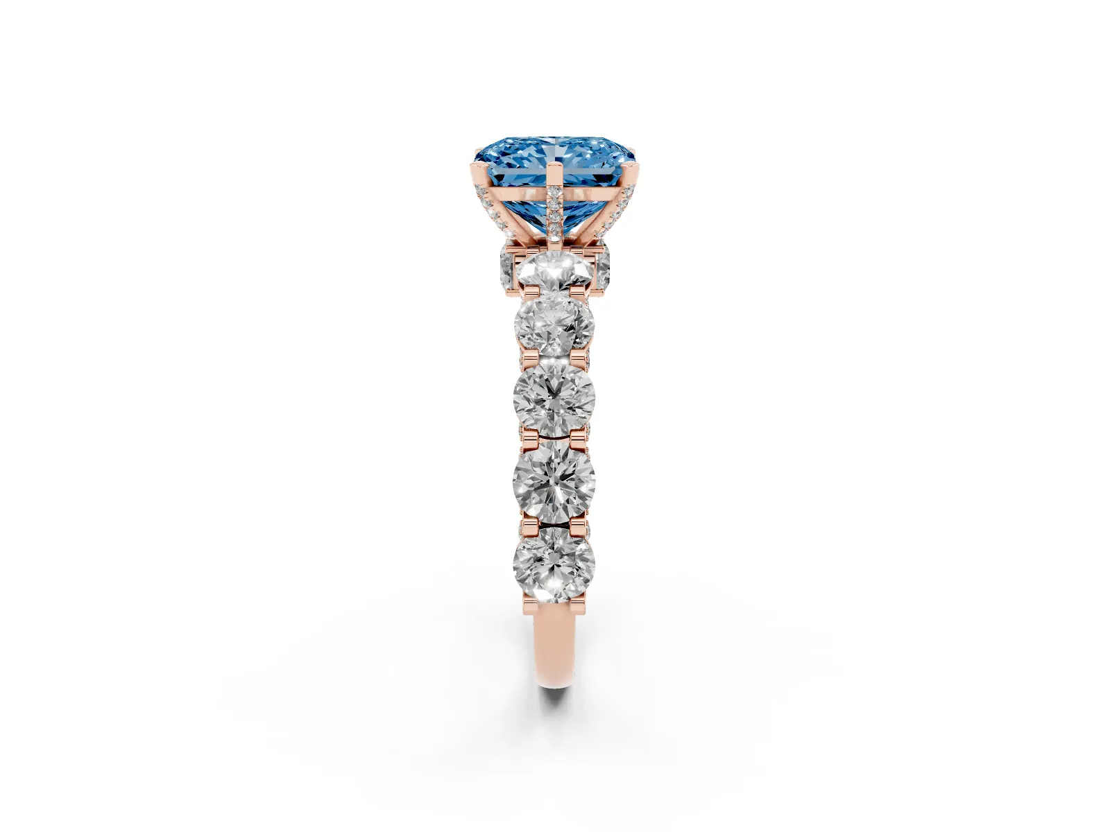 Fancy Blue Radiant Cut Diamond Side Stone Engagement Ring with Four-Prong Setting Rose gold