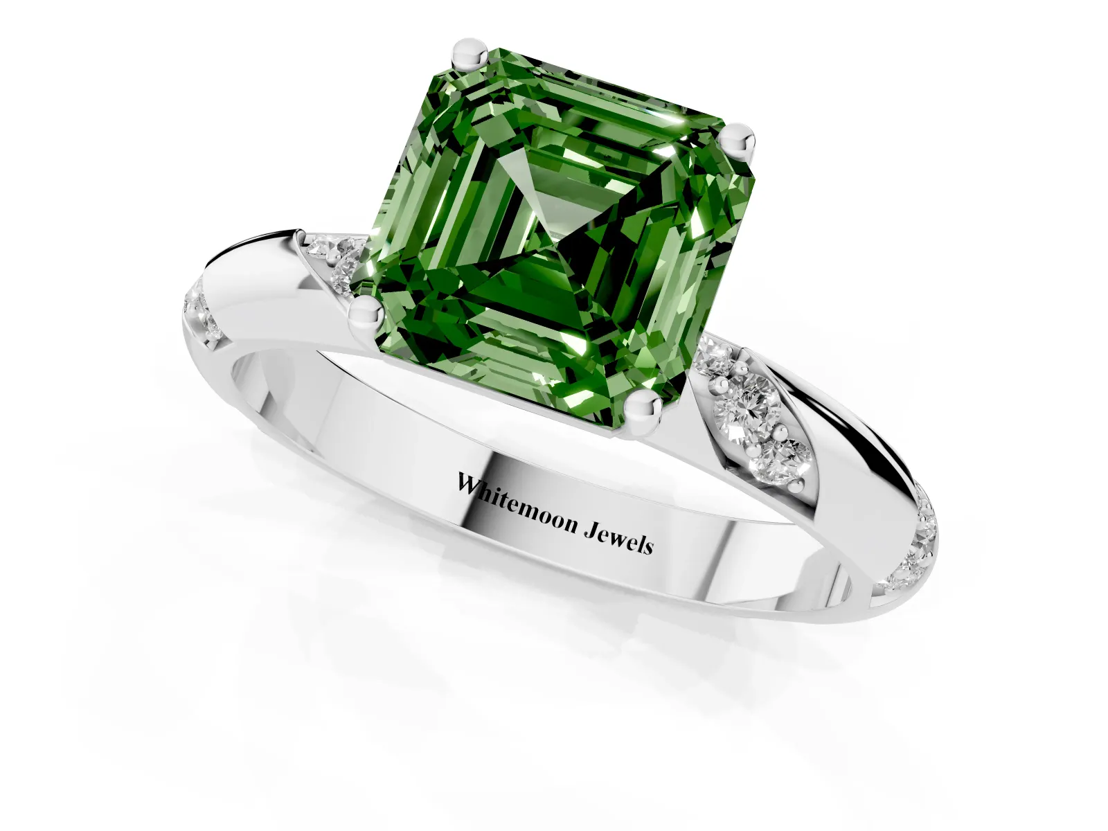 Fancy Green Asscher Cut Diamond Solitaire Engagement Ring with Twisted Round Accent Band and Prong Setting Platinum
