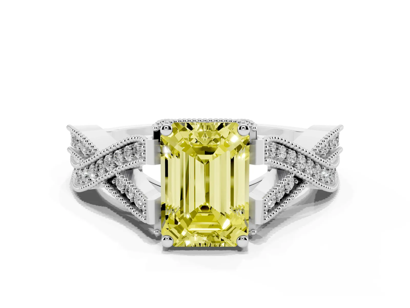 Fancy Yellow Emerald Cut Cut Diamond Twisted Band with Milgrain Pave Setting and Four-Prong Setting Platinum