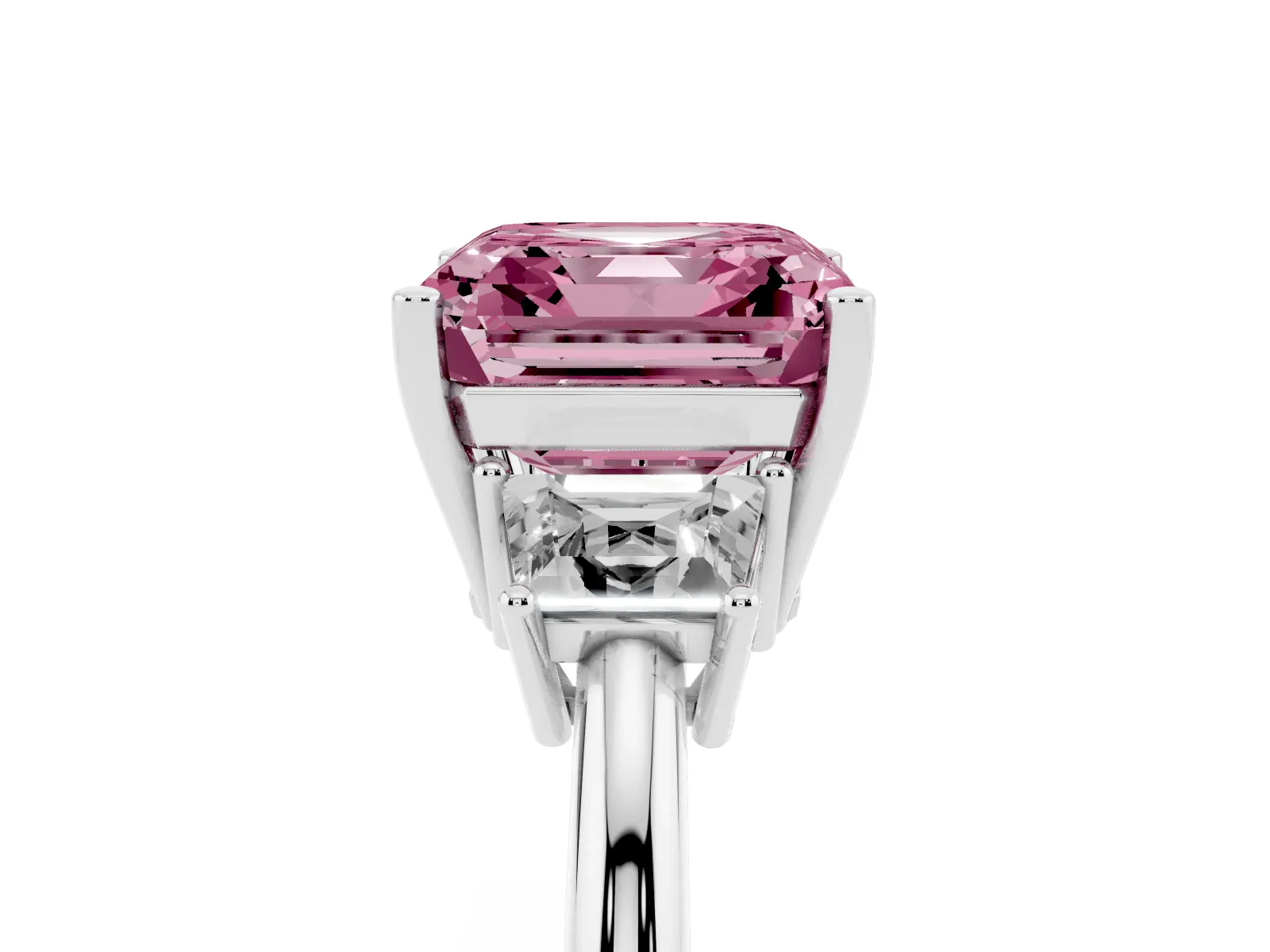 Fancy Pink Asscher Cut Diamond Three-Stone Ring with Trapezoid Side Stones and Prong Setting White gold