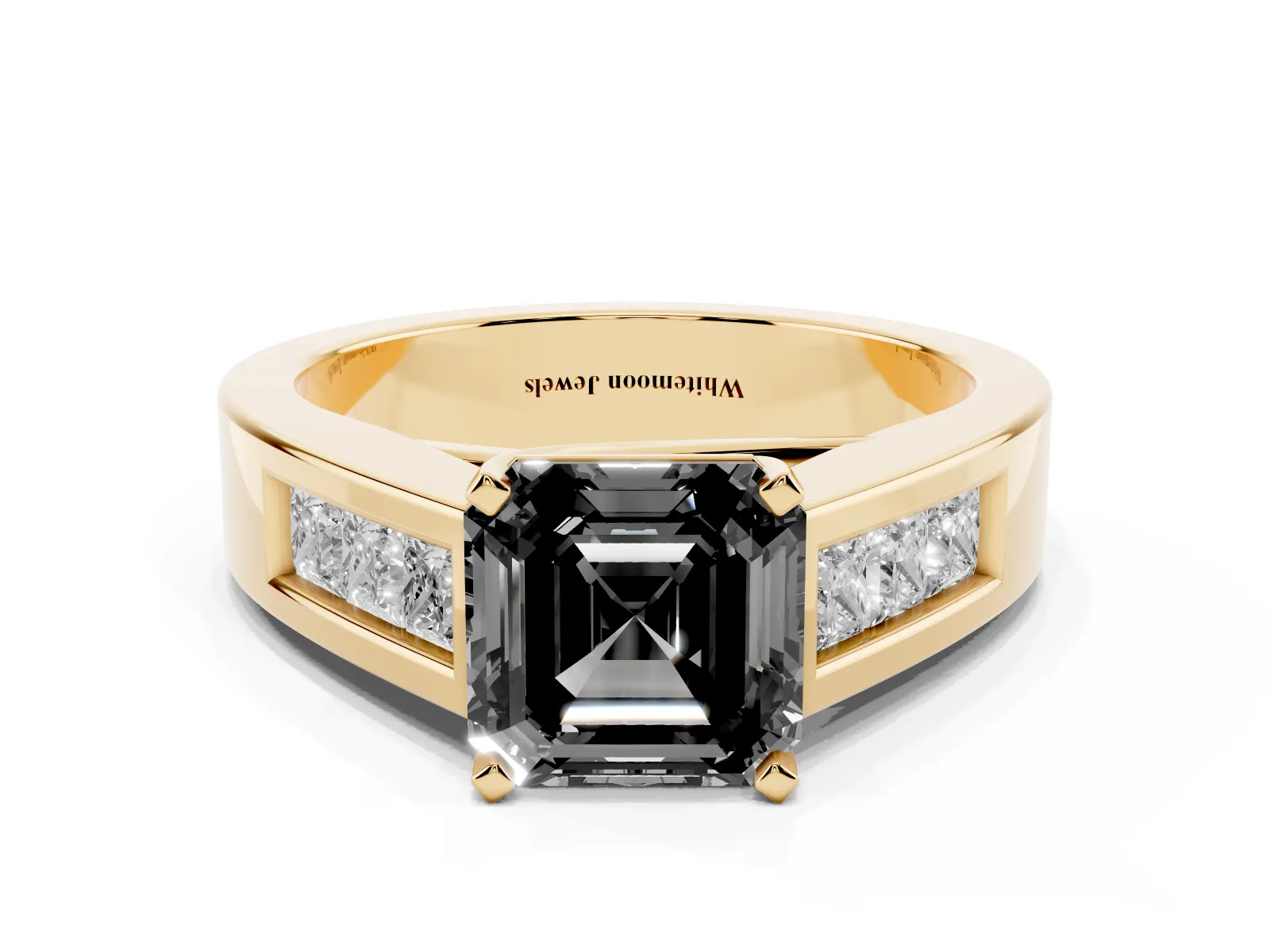 Fancy Black Asscher Cut Cut Channel Set Solitaire Ring with Four-Prong Setting Yellow gold