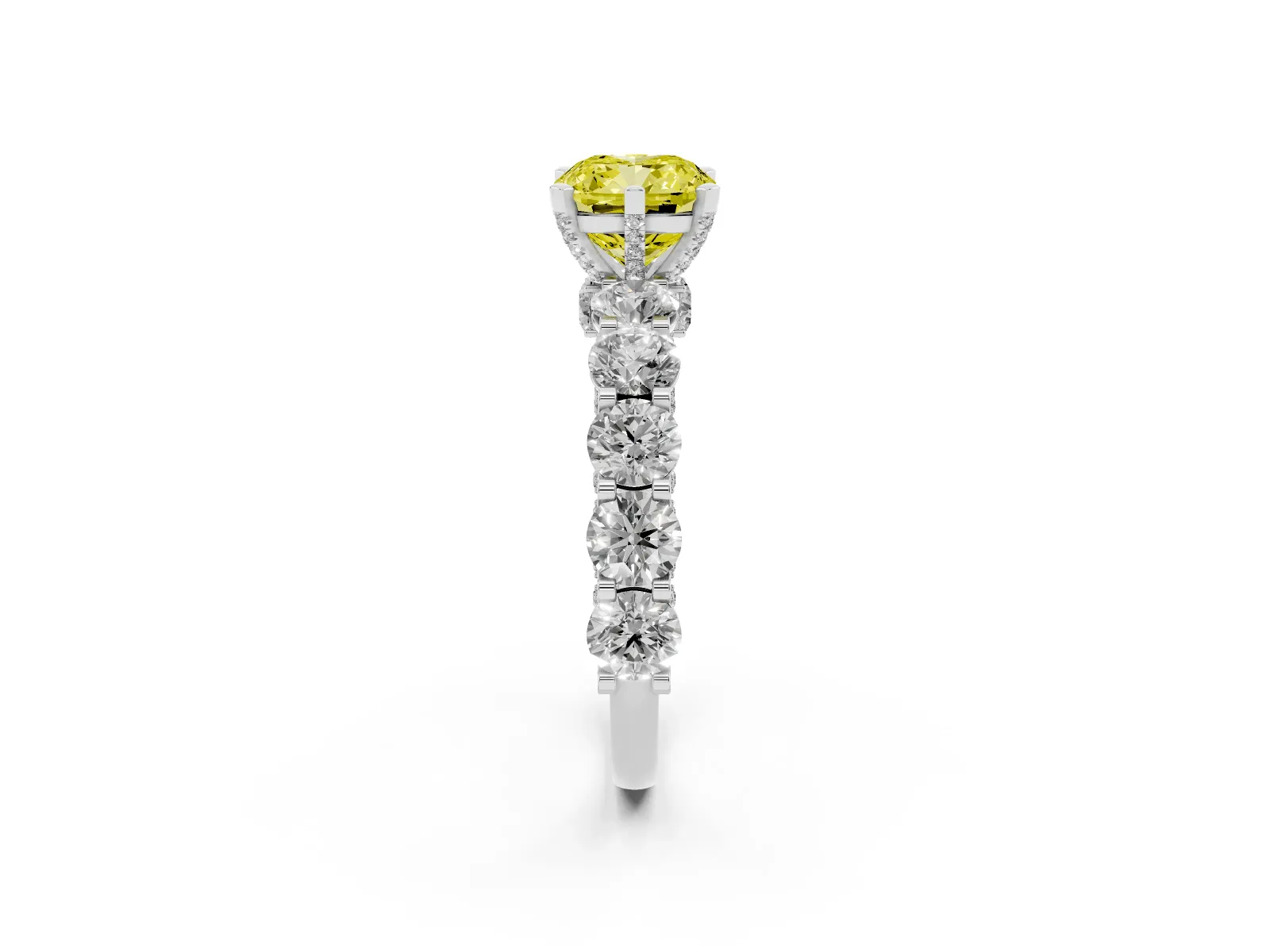 Fancy Yellow Cushion Cut Diamond Side Stone Engagement Ring with Four-Prong Setting White gold