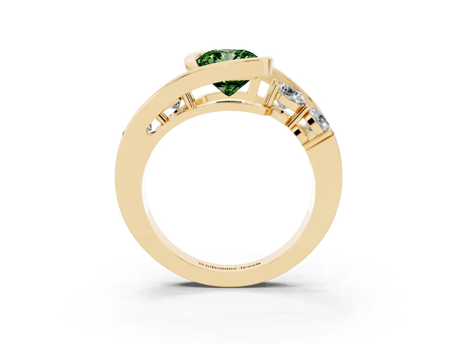 Fancy Green Bezel Set Cushion Cut Diamond Bypass Ring with Round Accents Yellow gold