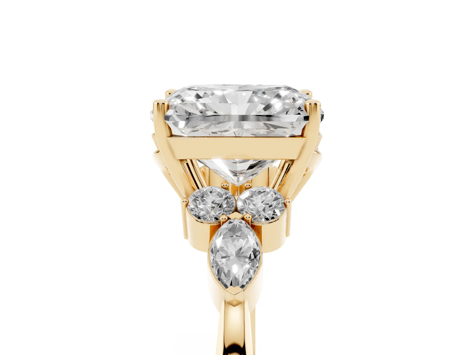 Radiant Cut Brilliant Diamond Solitaire Ring with Pear Side Stones and Four-Prong Setting Yellow gold