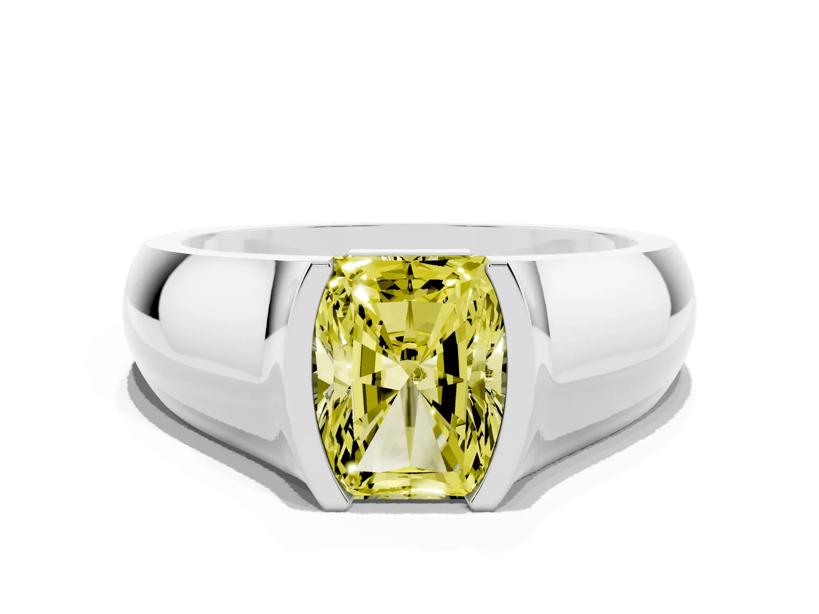 Fancy Yellow Radiant Cut Solitaire Bezel Set Diamond Ring with Wide Band White gold