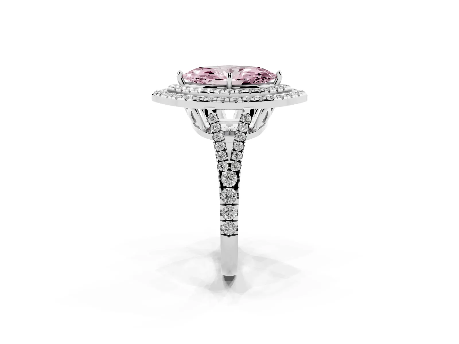 Fancy Pink Marquise Cut Diamond Double Halo Ring with Pavé Band and Prong Setting Platinum
