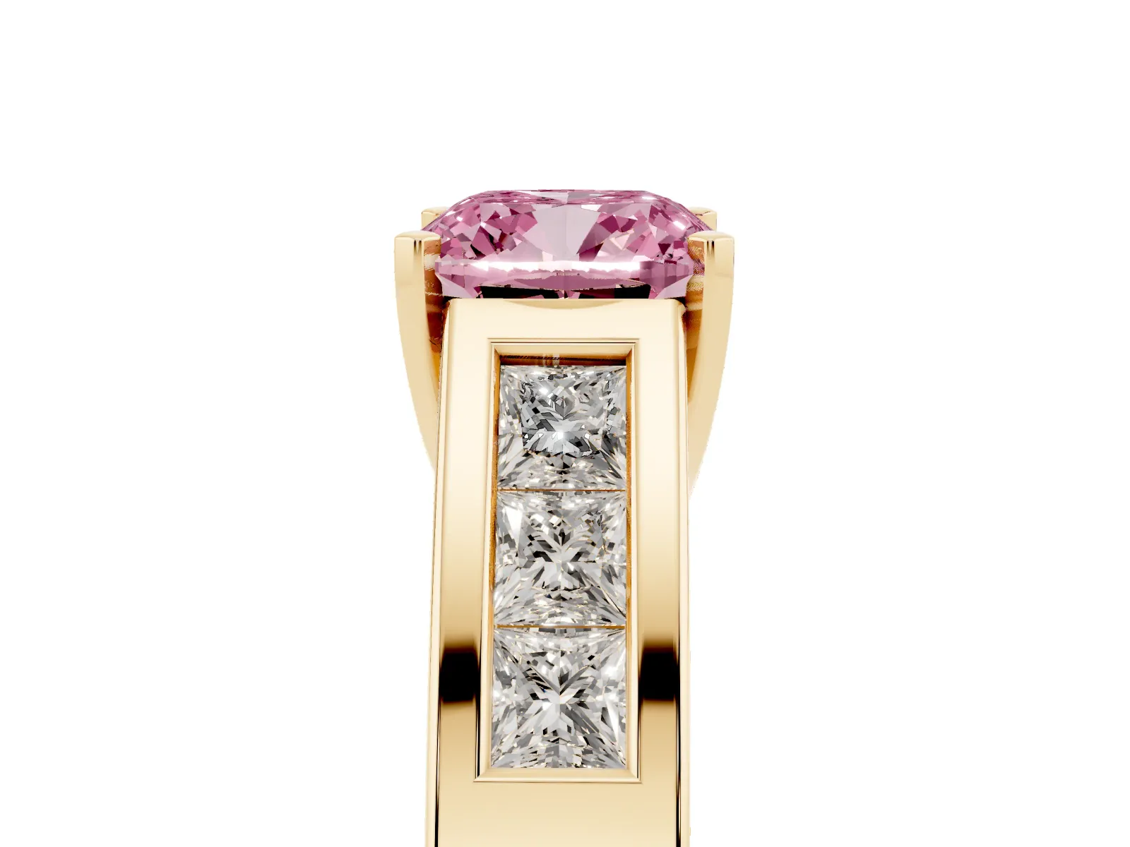 Fancy Pink Cushion Cut Cut Channel Set Solitaire Ring with Four-Prong Setting Yellow gold