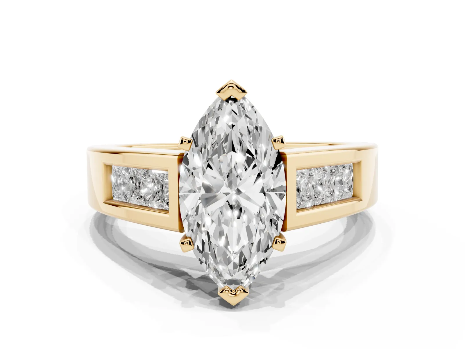 Marquise Cut Cut Channel Set Solitaire Ring with Four-Prong Setting Yellow gold