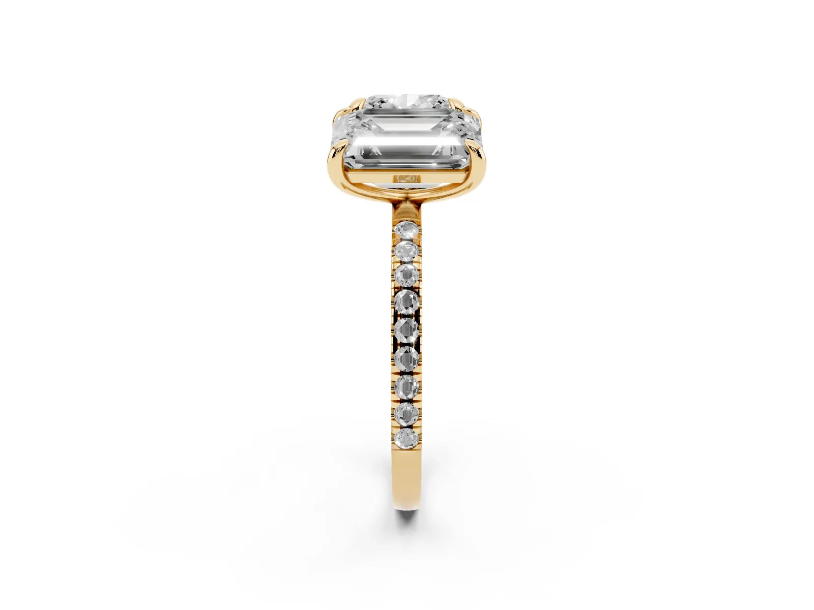 Cushion and Emerald Toi Moi Ring with Prong Setting and Pave Band Yellow gold