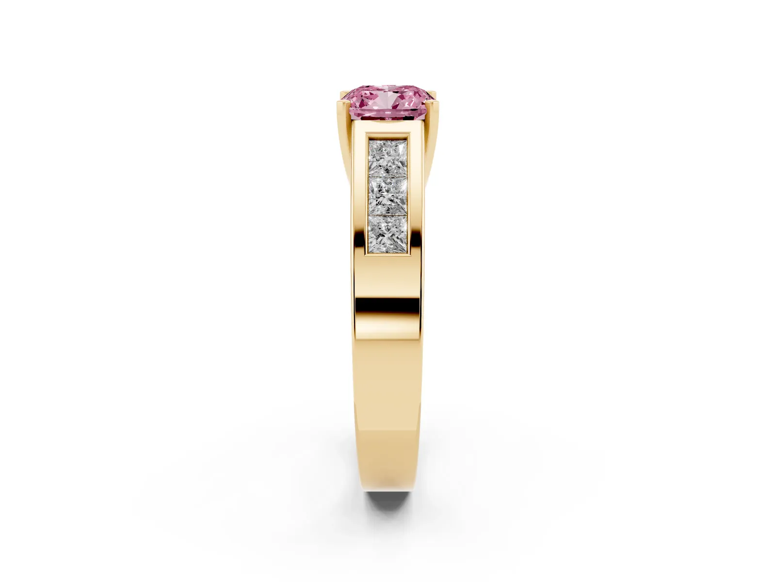 Fancy Pink Cushion Cut Cut Channel Set Solitaire Ring with Four-Prong Setting Yellow gold