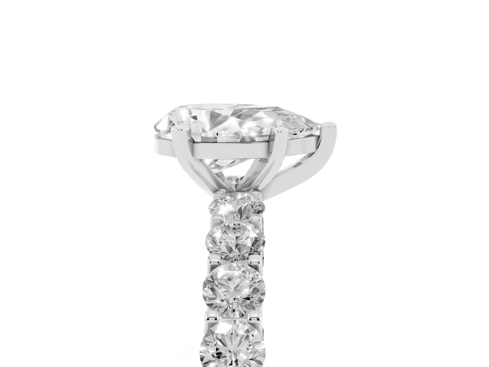 Pear Cut Diamond Solitaire Ring with Shared Prong Pavé Band and Four-Prong Setting White gold