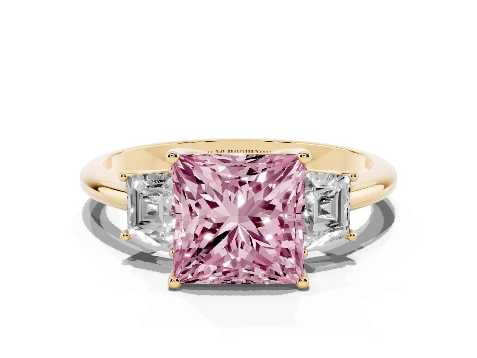 Fancy Pink Princess Cut Diamond Three-Stone Ring with Trapezoid Side Stones and Prong Setting Yellow gold