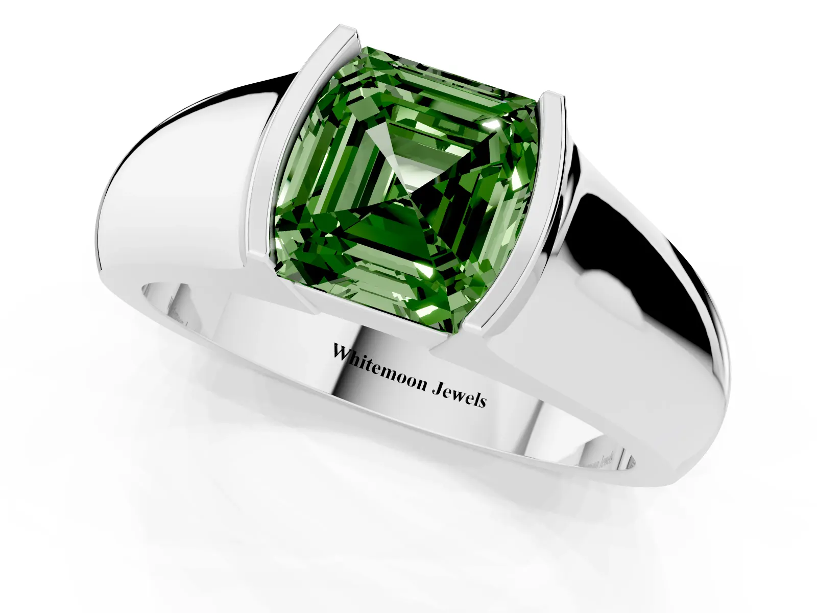 Fancy Green Asscher Cut Solitaire Bezel Set Diamond Ring with Wide Band Platinum