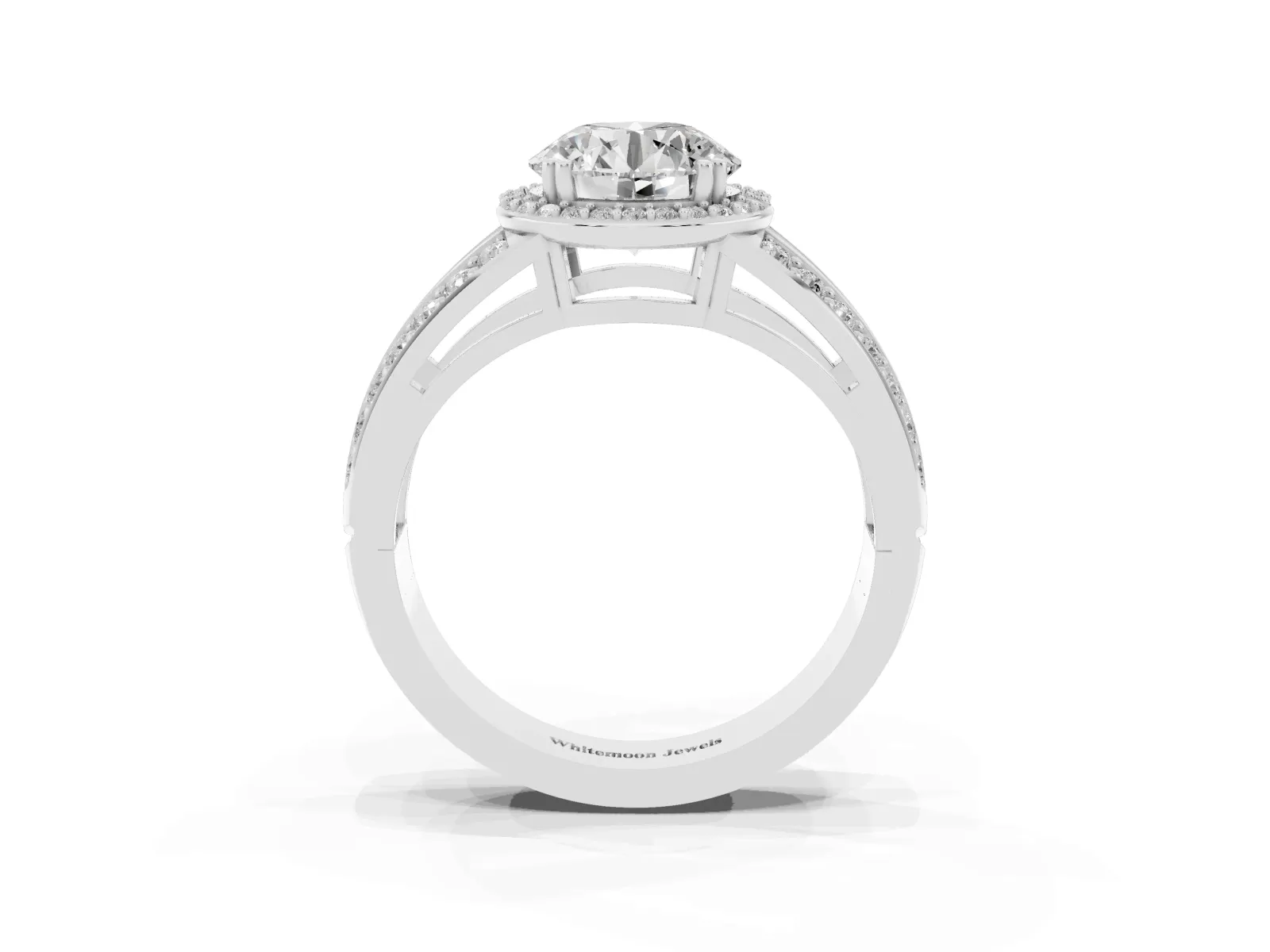 Round Cut Diamond Halo Ring with Split Shank Pavé Band and Four-Prong Setting Platinum