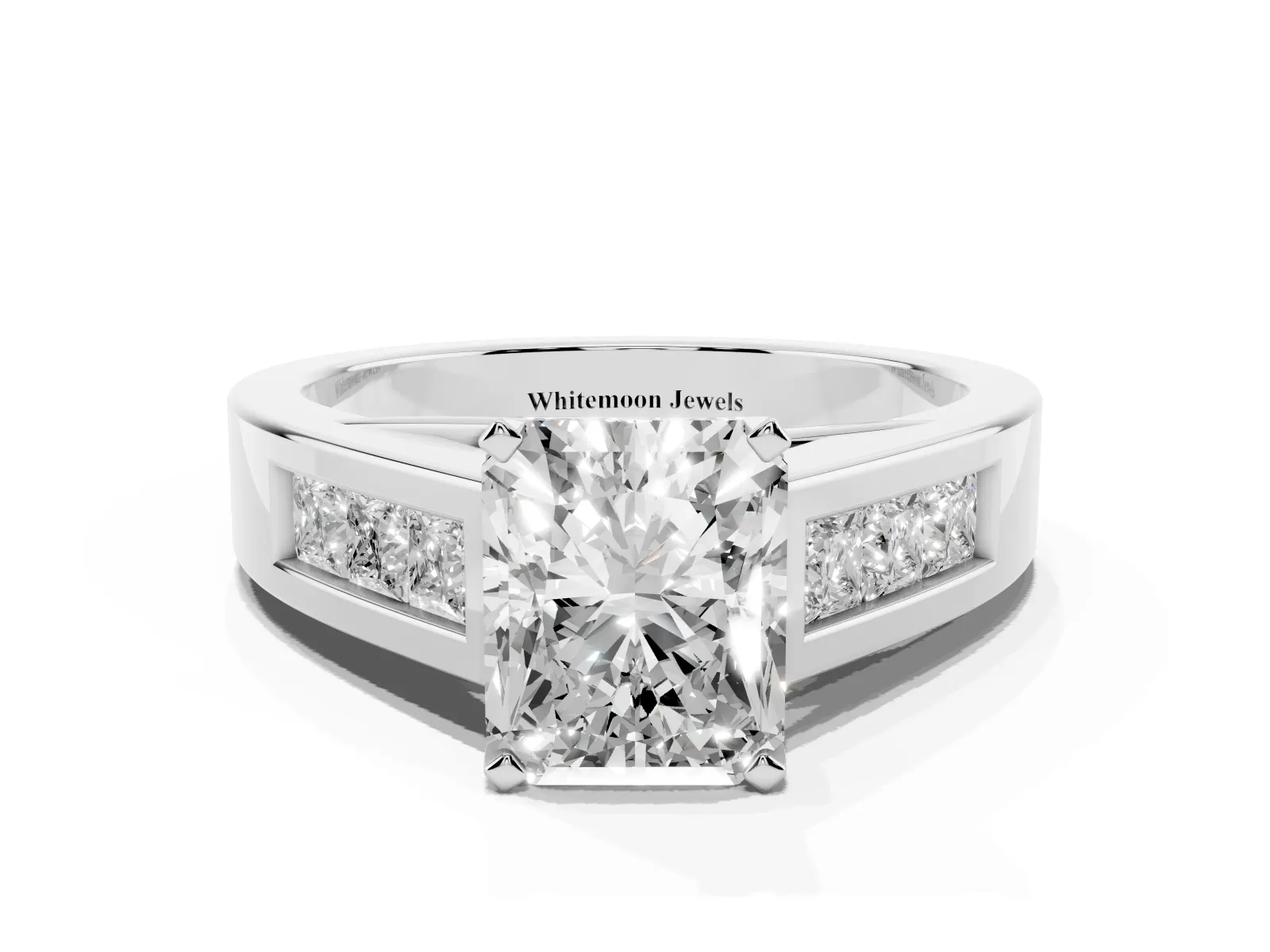 Radiant Cut Cut Channel Set Solitaire Ring with Four-Prong Setting Platinum