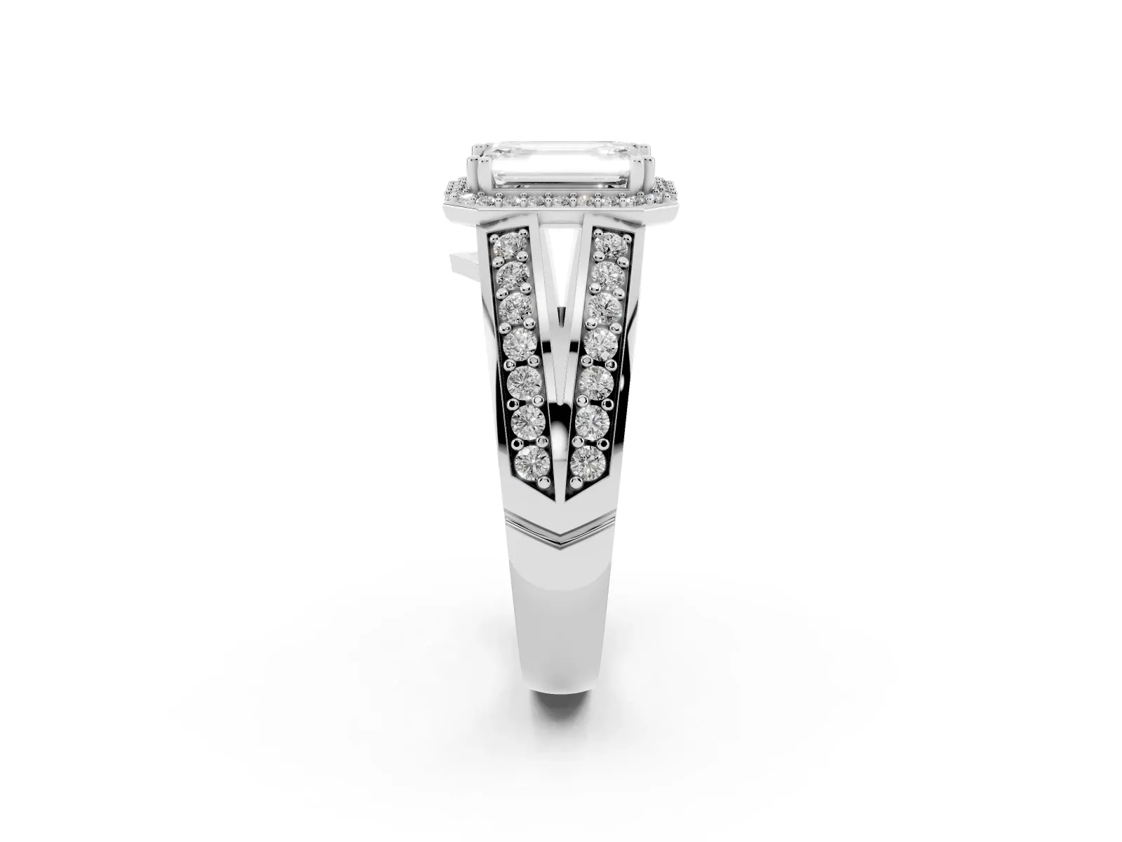 Emerald Cut Diamond Halo Ring with Split Shank Pavé Band and Four-Prong Setting White gold