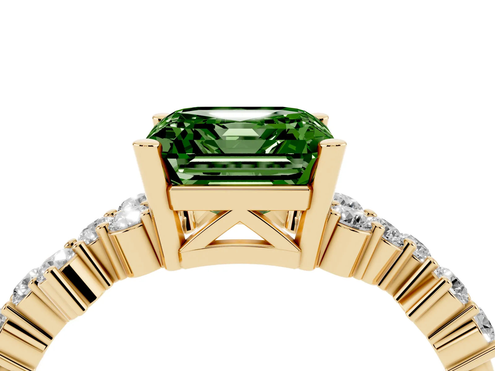 Fancy Green Asscher Cut Diamond Scattered Round Accent Ring with Prong Setting Yellow gold