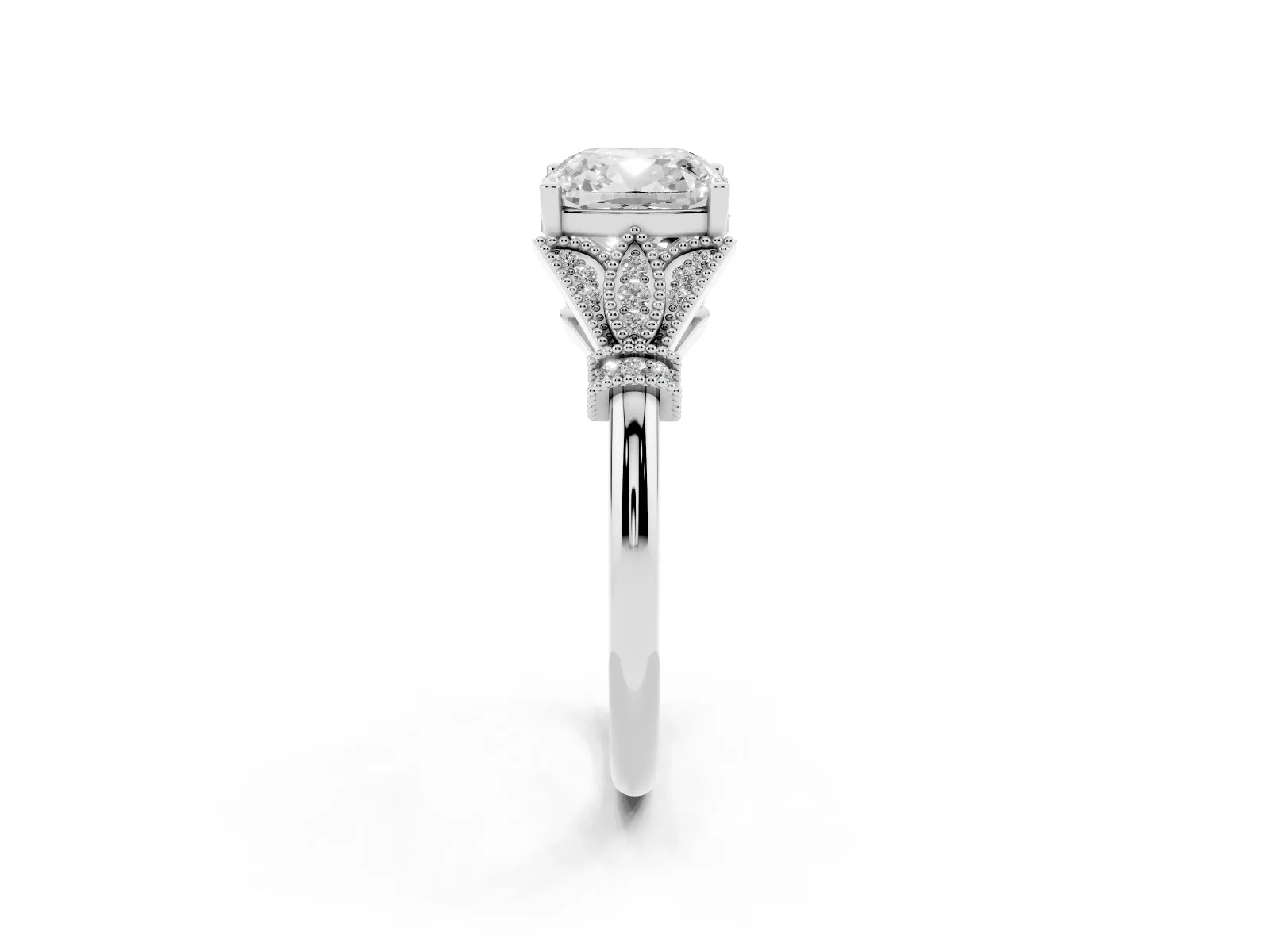 Cushion Cut Diamond Solitaire Ring with Floral Filigree and Pave Accents White gold