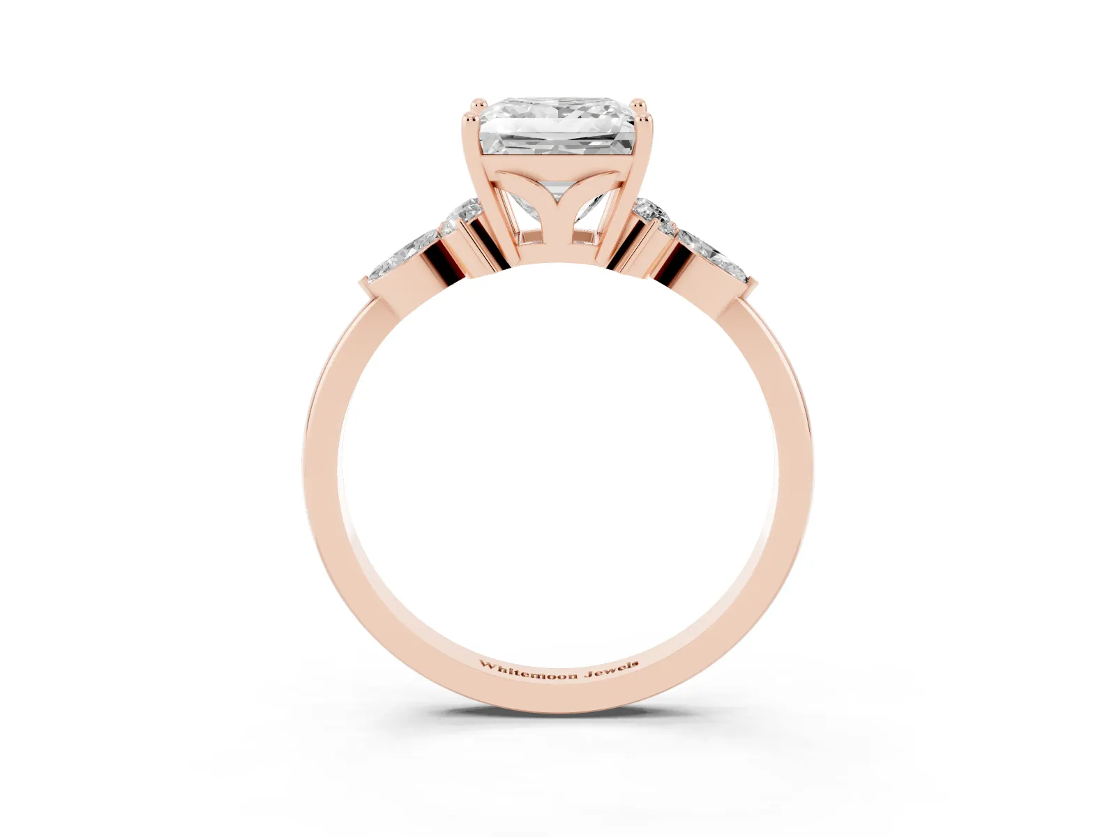 Princess Cut Brilliant Diamond Solitaire Ring with Pear Side Stones and Four-Prong Setting Rose gold