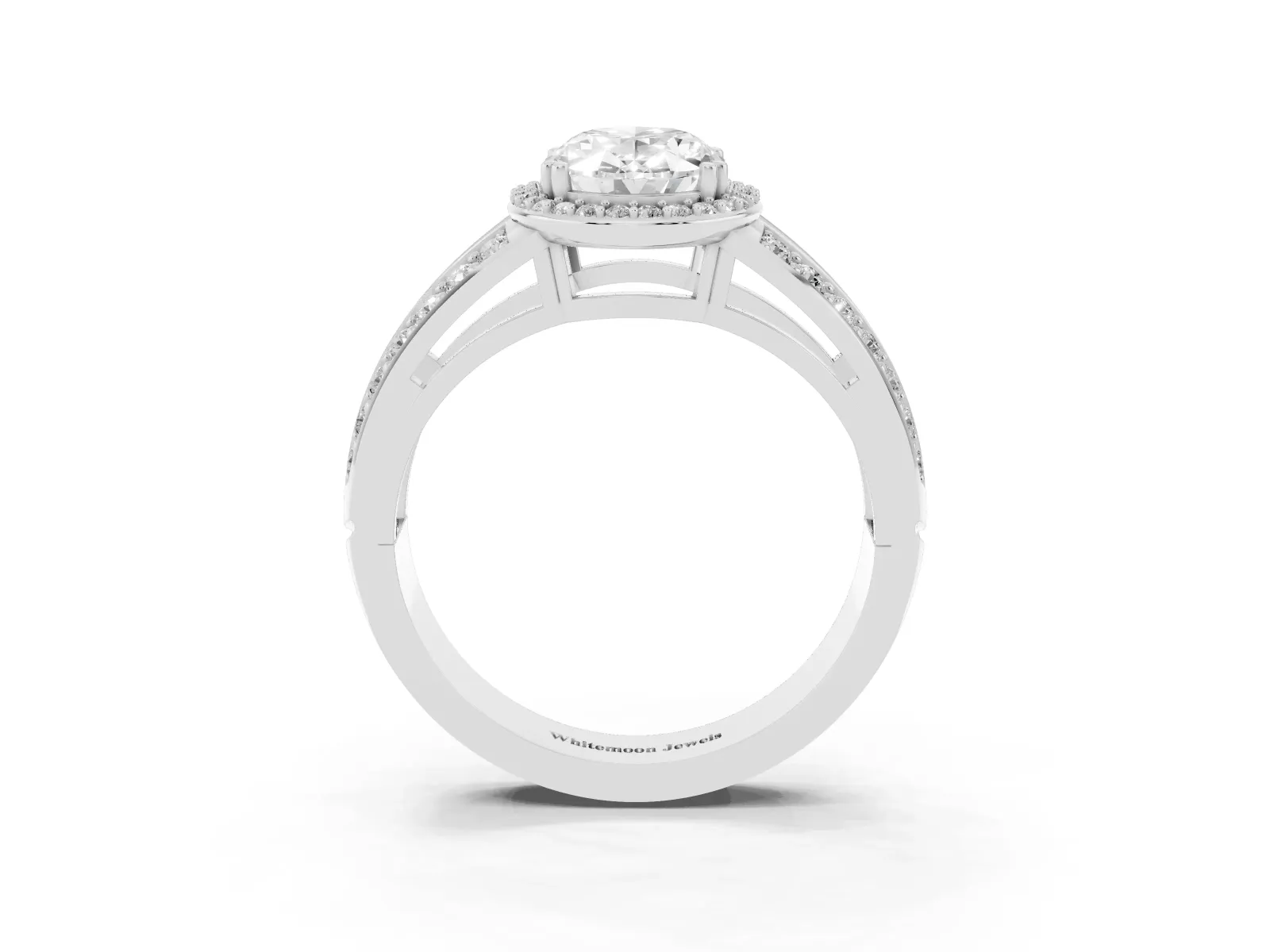 Oval Cut Diamond Halo Ring with Split Shank Pavé Band and Four-Prong Setting White gold