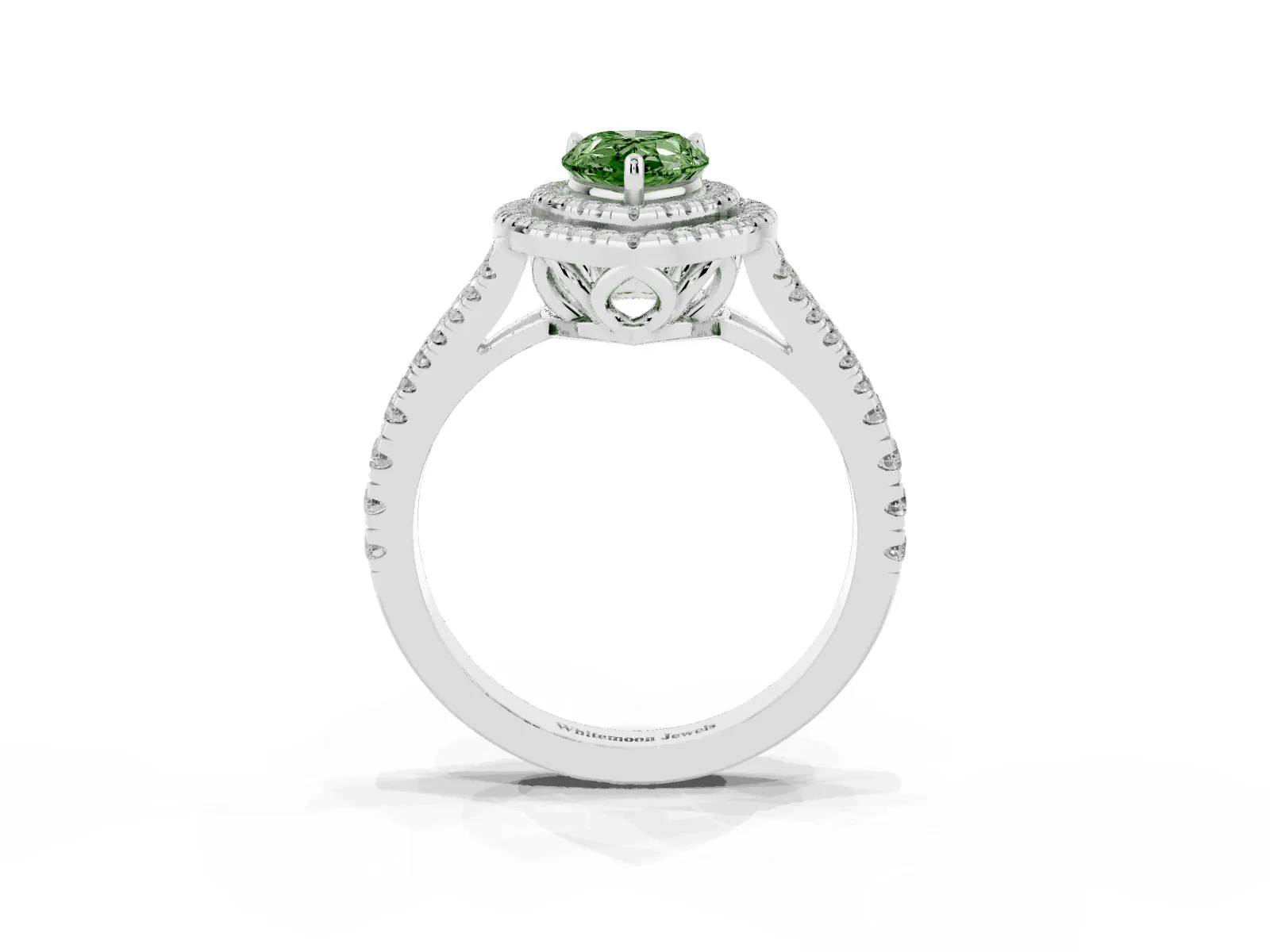 Fancy Green Pear Cut Diamond Double Halo Ring with Pavé Band and Prong Setting Platinum