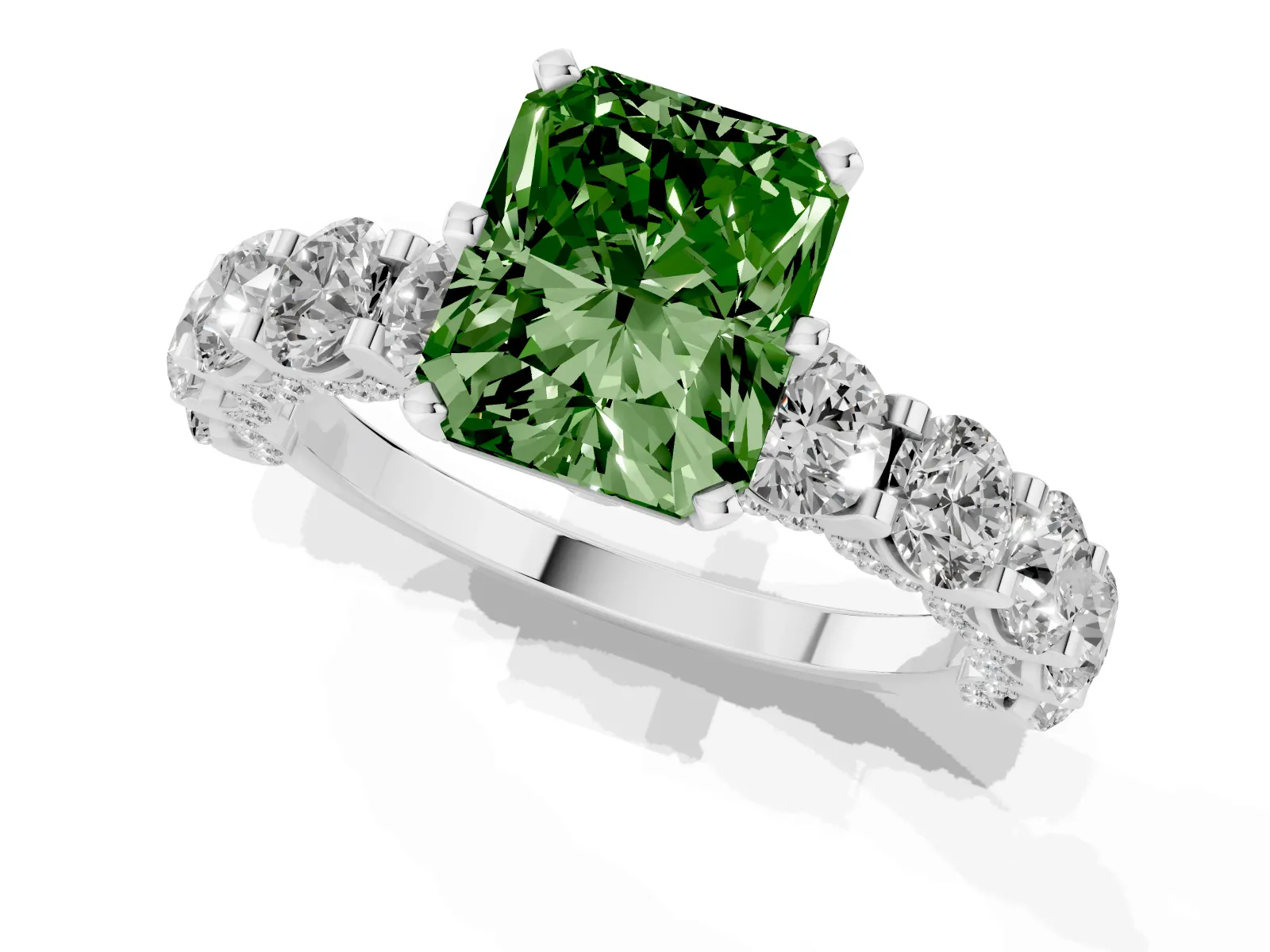 Fancy Green Radiant Cut Diamond Side Stone Engagement Ring with Four-Prong Setting Platinum