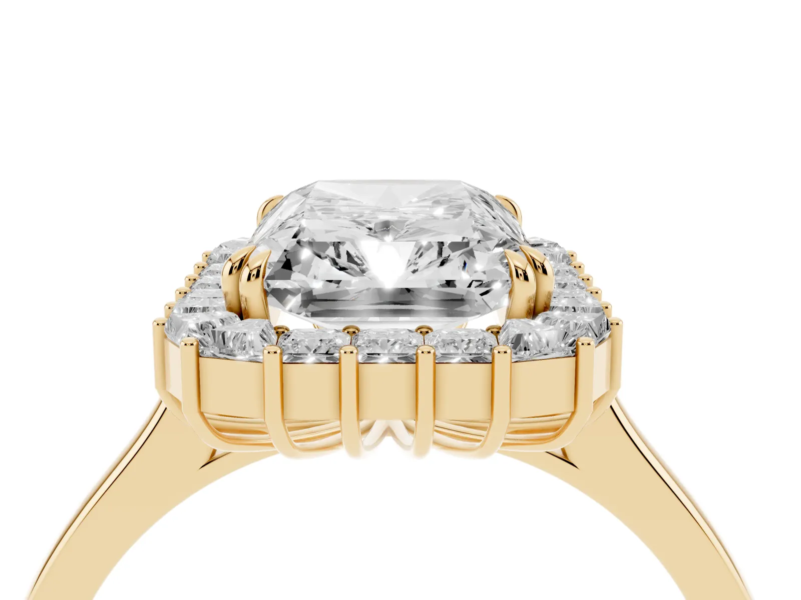 Radiant Diamond Baguette Halo Engagement Ring Yellow gold