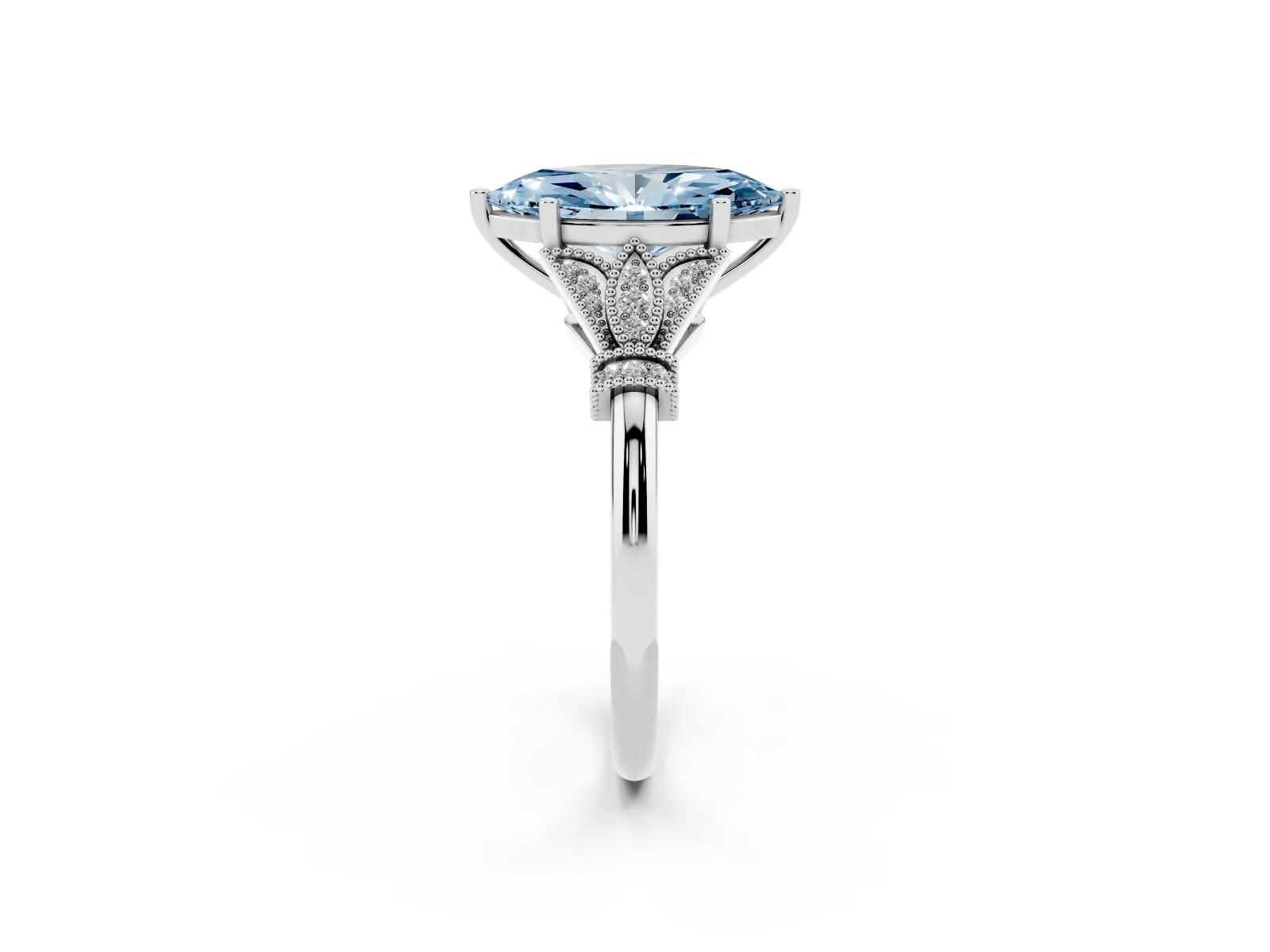 Fancy Blue Marquise Cut Diamond Solitaire Ring with Floral Filigree and Pave Accents Platinum