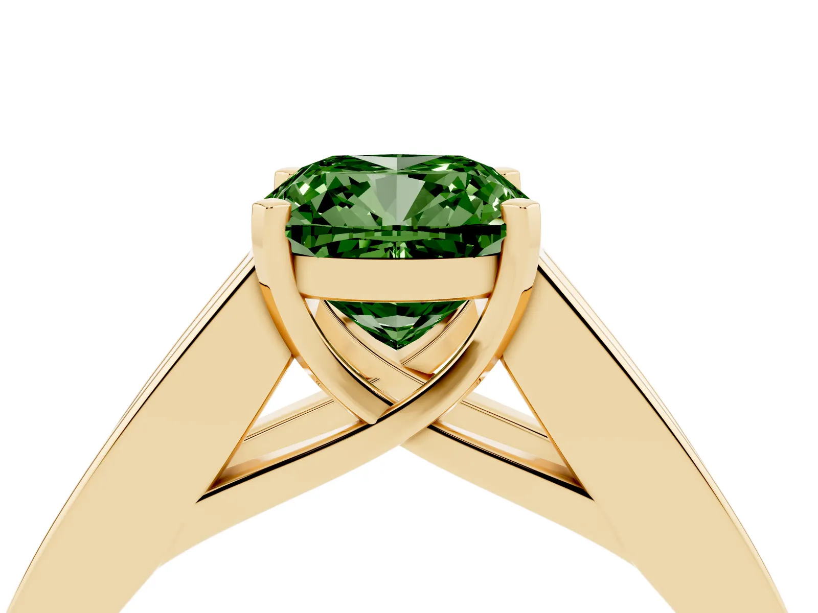 Fancy Green Cushion Cut Cut Channel Set Solitaire Ring with Four-Prong Setting Yellow gold