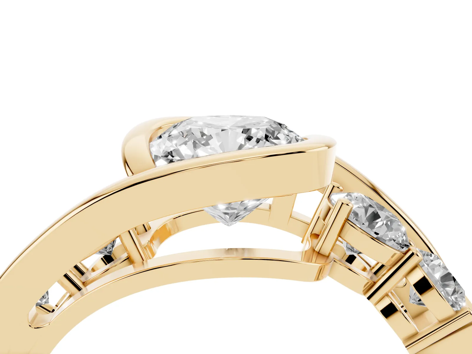 Bezel Set Cushion Cut Diamond Bypass Ring with Round Accents Yellow gold