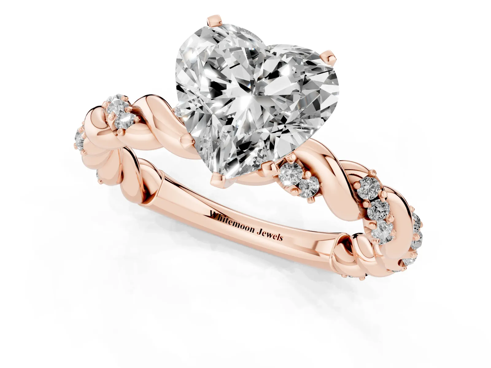 Heart Cut Diamond Solitaire Ring with Twisted Band and Pavé Accents Rose gold