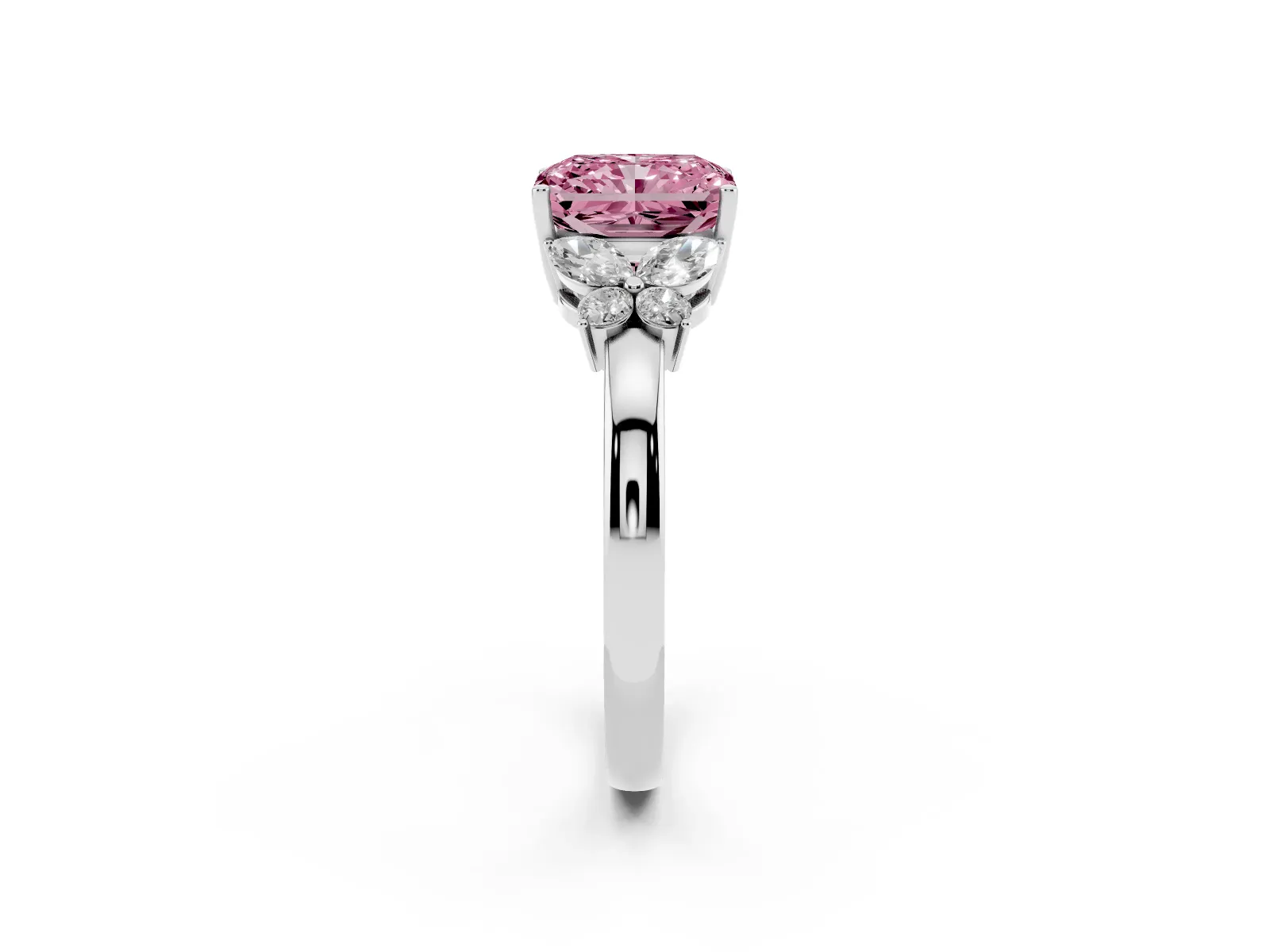 Fancy Pink Radiant Cut Cut Solitaire Floral Diamond Ring with Four-Prong Setting Platinum