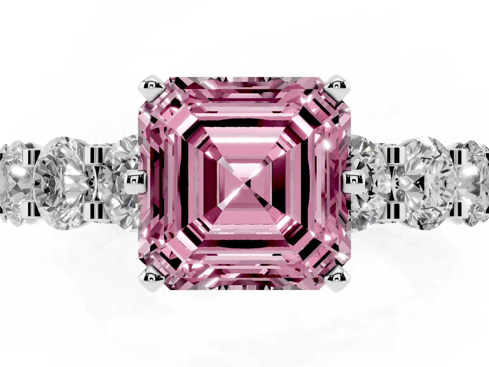 Fancy Pink Asscher Cut Diamond Side Stone Engagement Ring with Four-Prong Setting Platinum