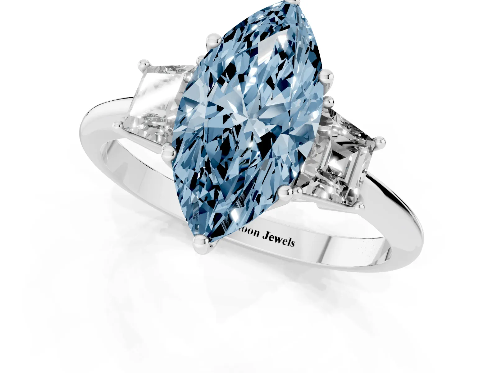 Fancy Blue Marquise Cut Diamond Three-Stone Ring with Trapezoid Side Stones and Prong Setting Platinum