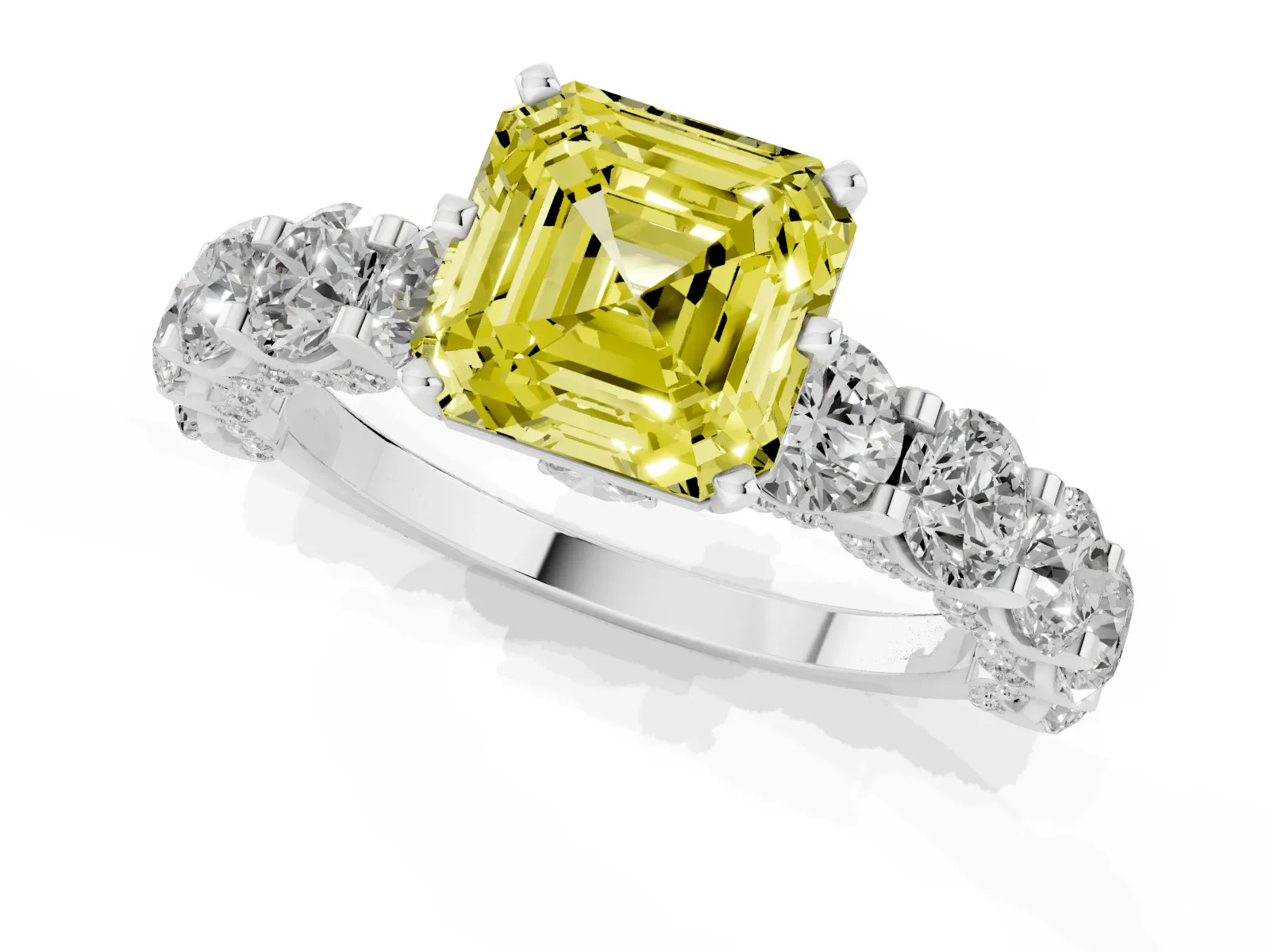 Fancy Yellow Asscher Cut Diamond Side Stone Engagement Ring with Four-Prong Setting White gold