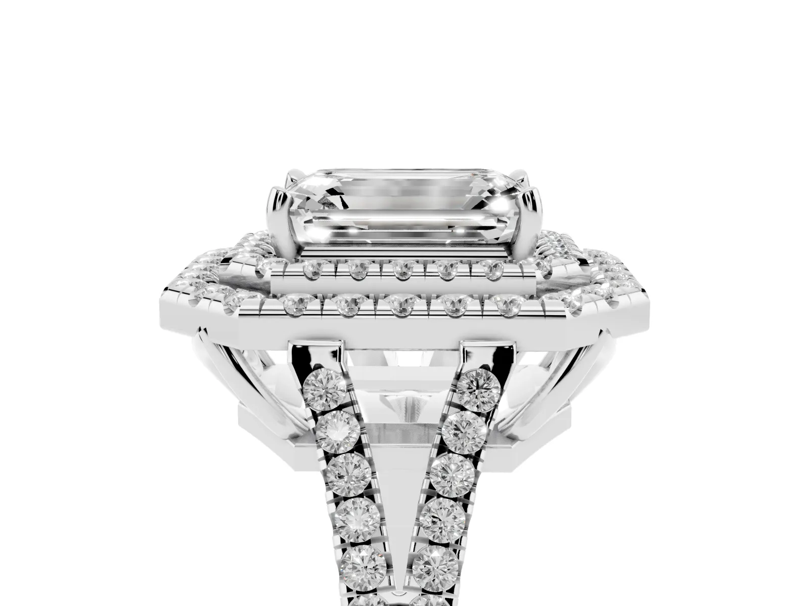 Emerald Cut Diamond Double Halo Ring with Pavé Band and Prong Setting Platinum