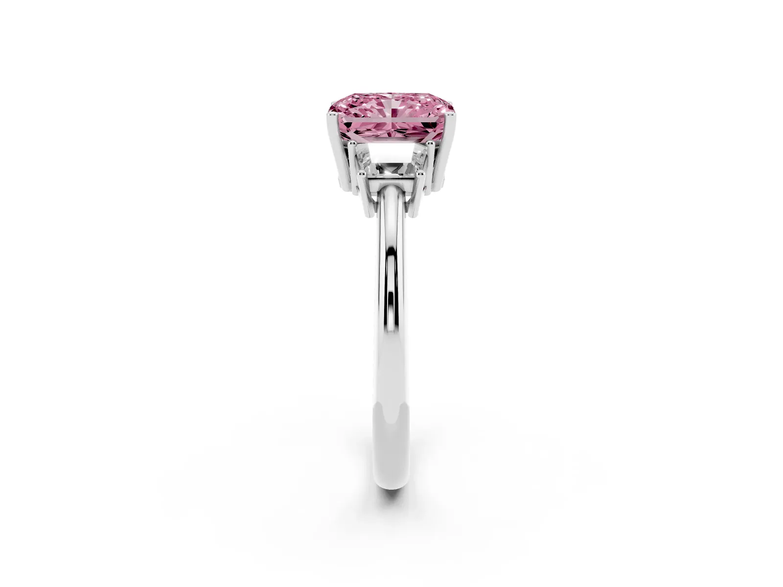 Fancy Pink Radiant Cut Diamond Three-Stone Ring with Trapezoid Side Stones and Prong Setting Platinum