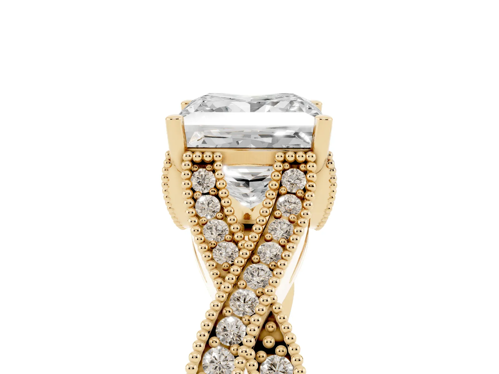 Princess Cut Cut Diamond Twisted Band with Milgrain Pave Setting and Four-Prong Setting Yellow gold
