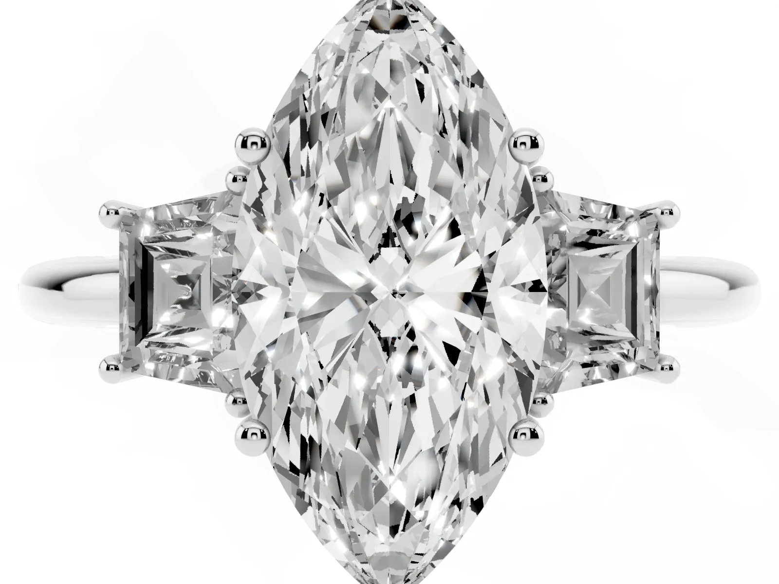 Marquise Cut Diamond Three-Stone Ring with Trapezoid Side Stones and Prong Setting Platinum