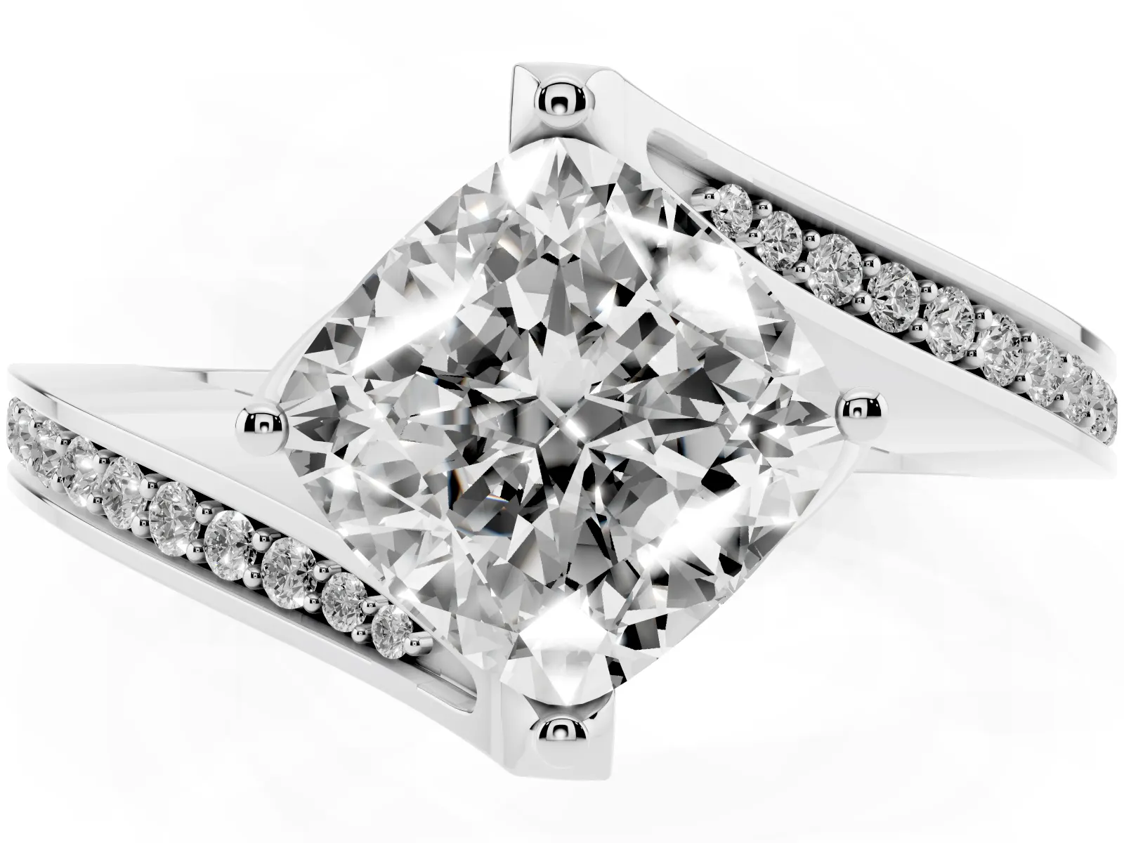 Cushion Cut Solitaire Diamond Twist Band with Pavé Setting and Four-Prong Setting Platinum