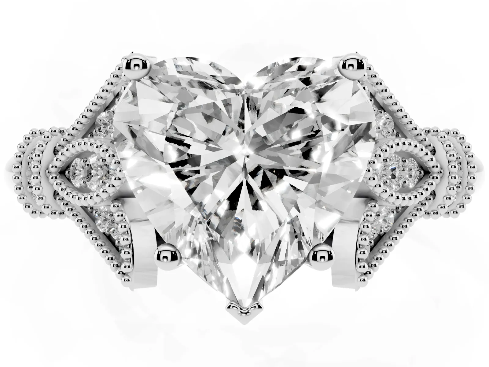 Heart Cut Diamond Solitaire Ring with Floral Filigree and Pave Accents Platinum
